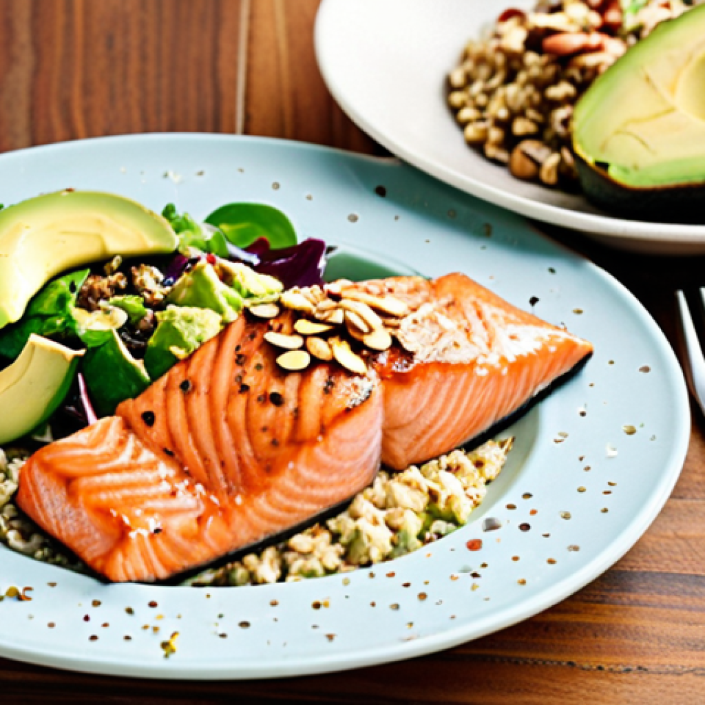 ** A vibrant and colorful plate of food showcasing cholesterol-lowering food choices. The plate includes grilled salmon, a mixed green salad with avocado slices and a sprinkle of nuts, and a side of cooked oatmeal. Use a bright, natural light source and focus on the textures of the food.

**