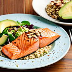 ** A vibrant and colorful plate of food showcasing cholesterol-lowering food choices. The plate includes grilled salmon, a mixed green salad with avocado slices and a sprinkle of nuts, and a side of cooked oatmeal. Use a bright, natural light source and focus on the textures of the food.

**