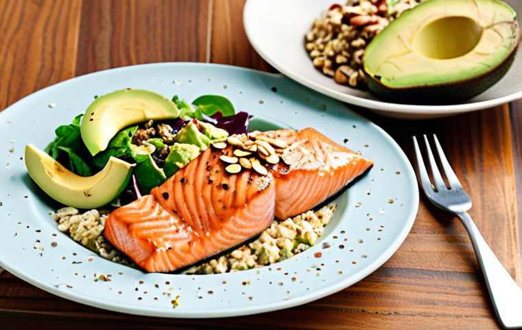 ** A vibrant and colorful plate of food showcasing cholesterol-lowering food choices. The plate includes grilled salmon, a mixed green salad with avocado slices and a sprinkle of nuts, and a side of cooked oatmeal. Use a bright, natural light source and focus on the textures of the food.
**